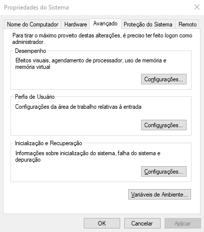 Janela do Windows de Propriedades do Sistema