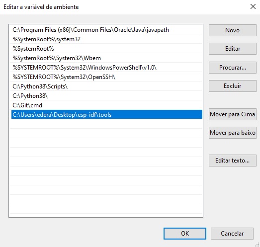 Editando a variável de ambiente para tools do IDF