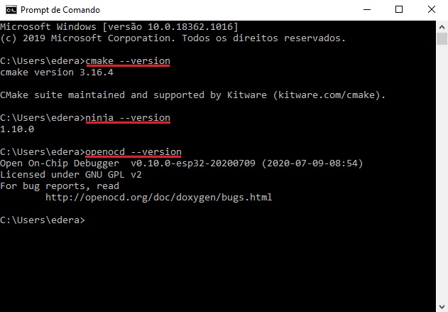 Verificando as versões do ninja, cmake e openocd pelo prompt do Windows